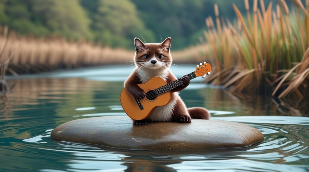 Brown kitten with a guitar