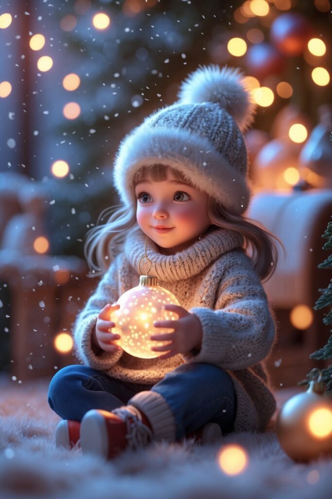 A little girl whith a Christmas tree ornament