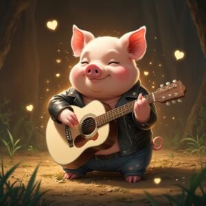 A cute anime-style pig with leather jacket