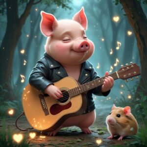 A cute anime-style pig with leather jacket, playing an acoustic guitar