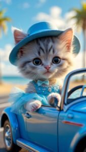 Close-up photo of kitten in a blue-colored convertible.