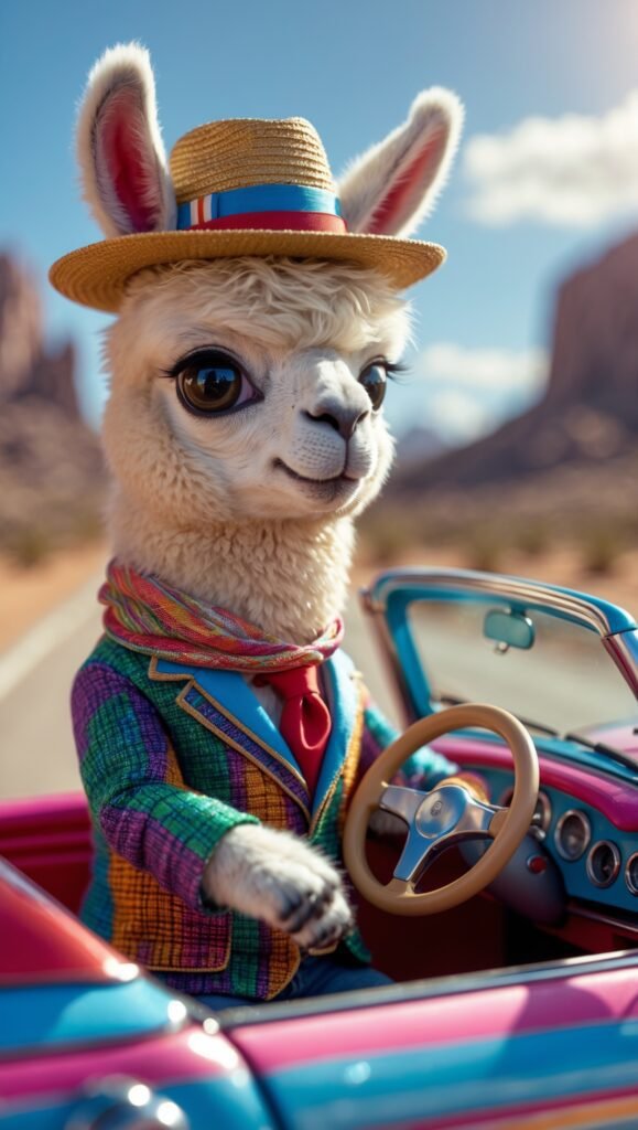 Close-up photo of llama in a colorful convertible.