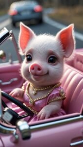 A close-up photo of a piglet in a pink convertible.
