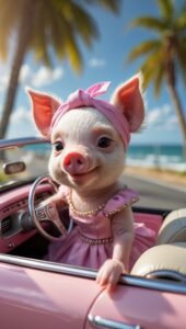 A photo of a piglet in a pink convertible.
