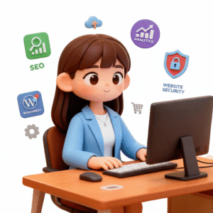 Cartoon-style illustration of a girl working on a computer