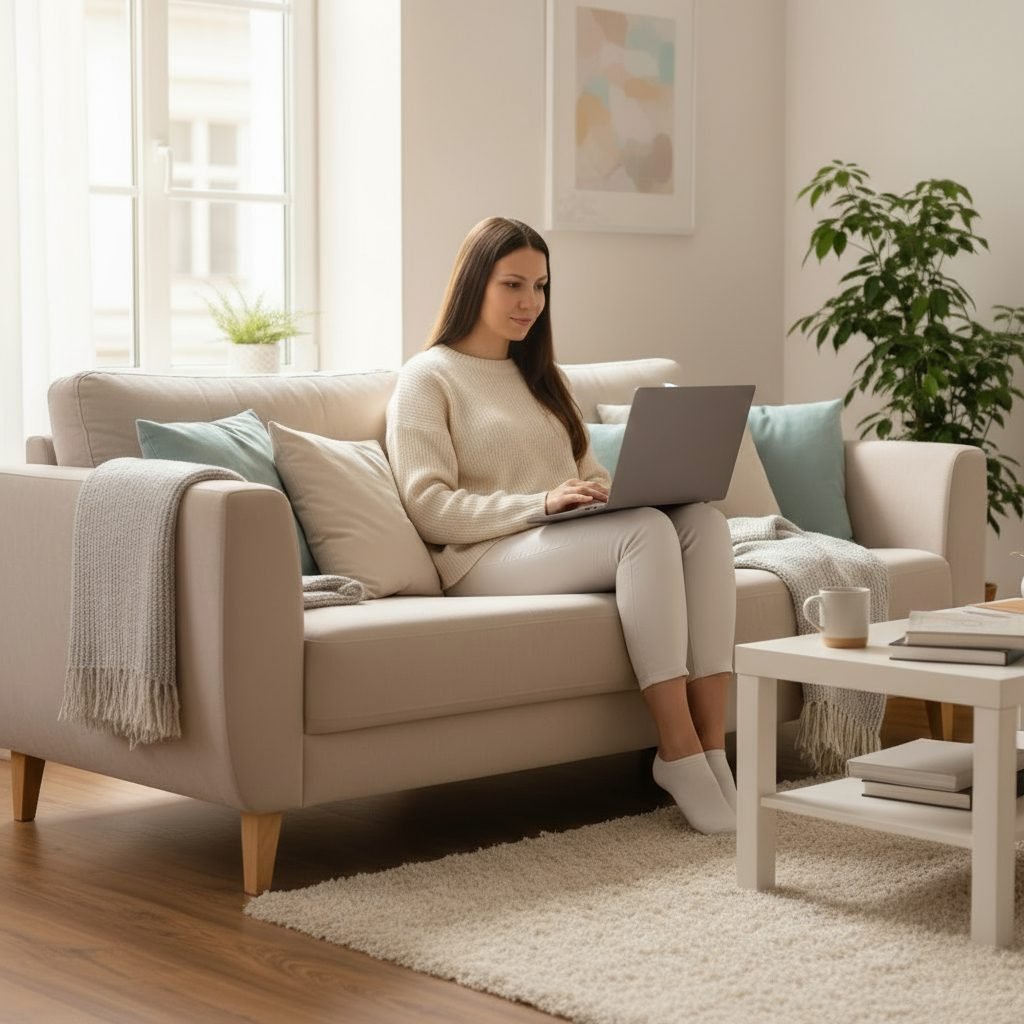 A girl works from home, sitting on the couch with a laptop on her lap.