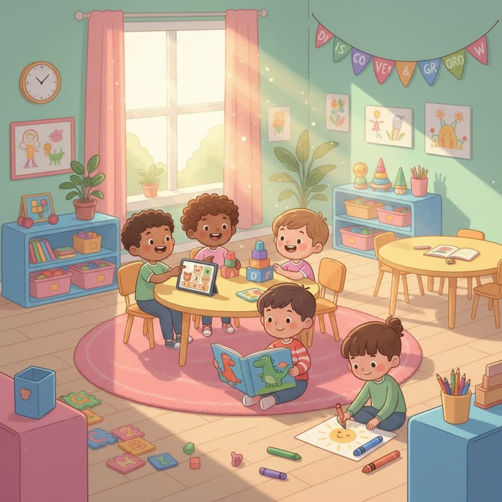 Preschoolers study together in a classroom