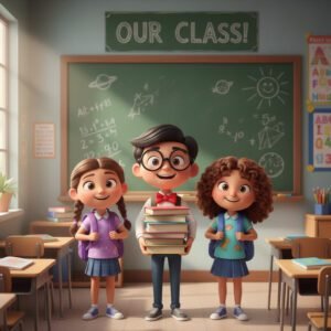 Three cheerful school children standing in front of a green chalkboard