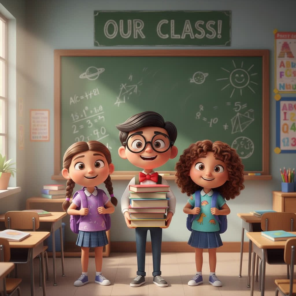 Three cheerful school children standing in front of a green chalkboard