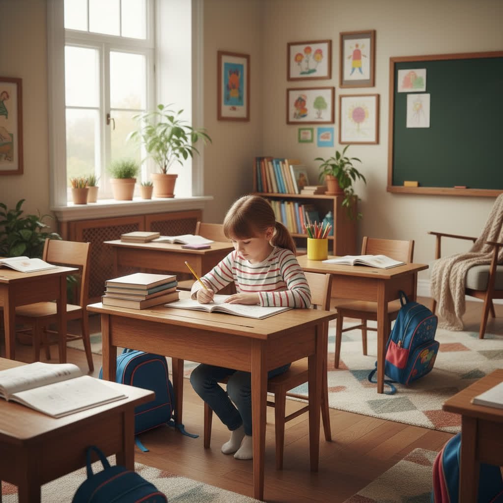 A child sits at a table and does homework in a bright and cozy classroom.