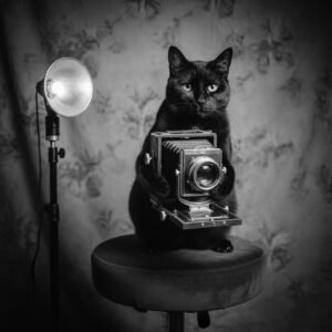 black cat with a camera