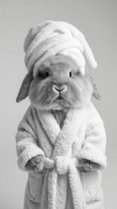 A fluffy rabbit wearing a soft bathrobe