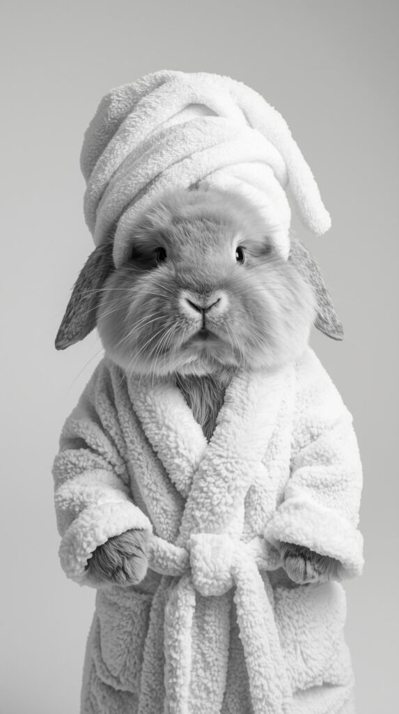 A fluffy rabbit wearing a soft bathrobe