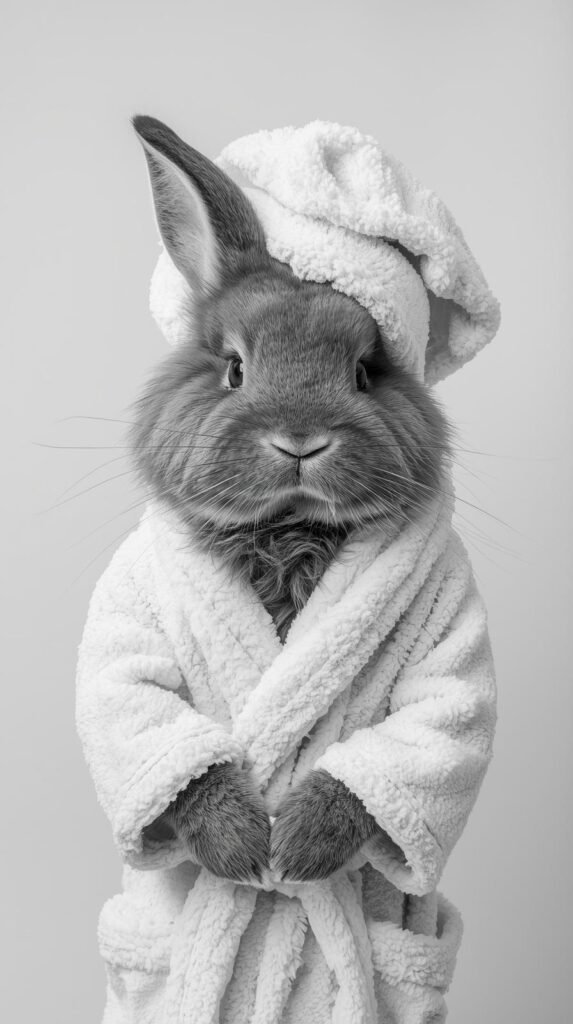 A fluffy rabbit wearing a soft bathrobe