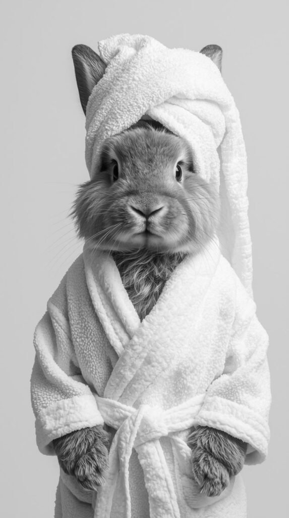 a fluffy rabbit wearing a soft bathrobe