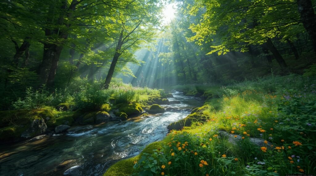 Nature – forest, stream, sun, river, flowers