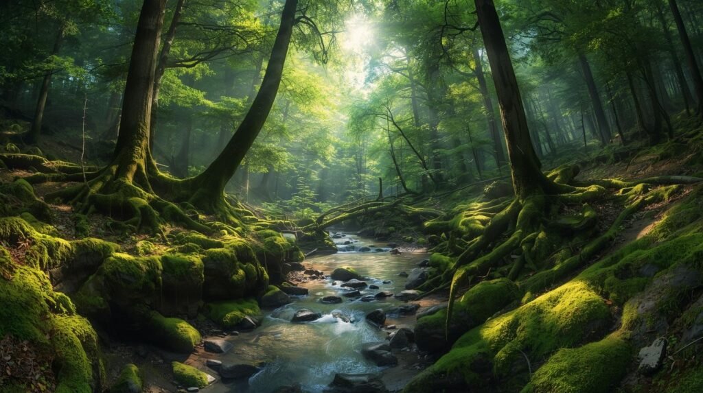 A beautiful image of nature - forest, stream, sun, river