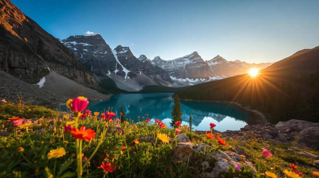mountains, lakes and flowers