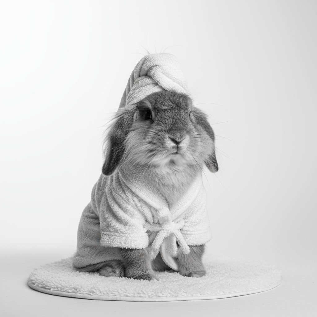 A fluffy rabbit wearing a soft bathrobe