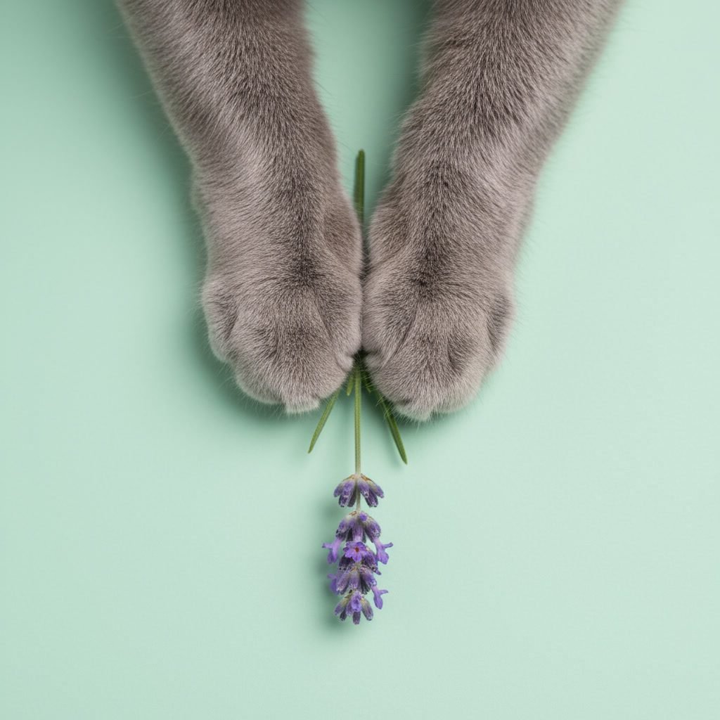 gemini-2.5-flash-image_A_minimalistic_photo_of_soft_gray_cat_paws_gently_holding_a_lavender_flower_isol-0